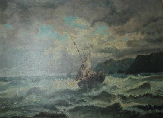 Oil of a fishing boat on a rough sea signed A Veyrey